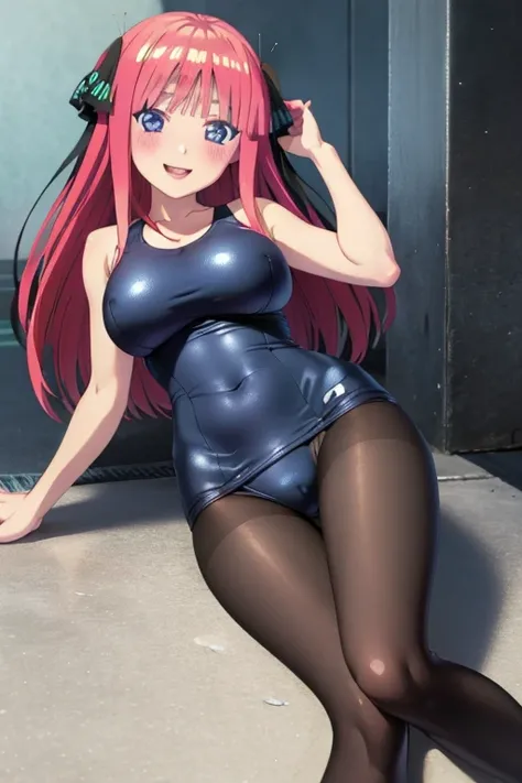 best quality, ultra-detailed masterpiece, anime art style, cute characters, nino nakano, one-piece swimsuit, large breasts, pantyhose, blush, smile