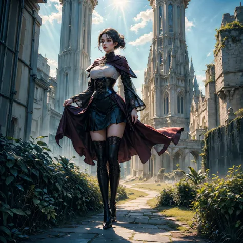 ((show full body from head to toe, standing, body facing to the viewer (show front body)). Pale skin, Tall body, fit body, slender body, medium breast. A female wizard wearing colorful clothes, long sleeves(lace sleeves), skirts, corset, cloak, robes, cape...