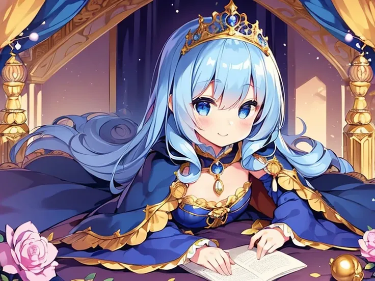 (kawaii),(best quality),(ultra detailed), upper body,(rococo style),(long train deep blue cape:1.15), very long cape,(long train deep blue ball gown with flower decorations:1.05), a girl is wearing a cape over her gown, 1 little princess, tiara, smile, ver...