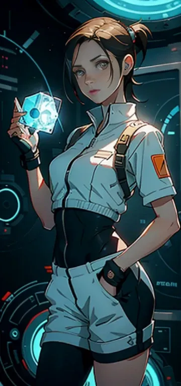  Chell from the game Portal 2, standing in the uniform of the company Aperture Science. She holds a portal pushcube in her hands, with Atlas and P-body next to her