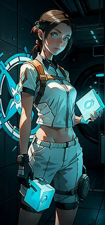  Chell from the game Portal 2, standing in the uniform of the company Aperture Science. She holds a portal pushcube in her hands, with Atlas and P-body next to her