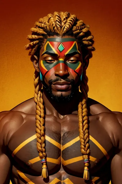 black man with face painted in African style and without eyes, mouth and nose, shirtless and braided hair 