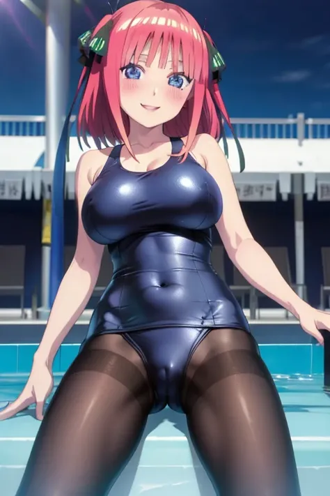 best quality, ultra-detailed masterpiece, anime art style, cute characters, nino nakano, one-piece swimsuit, large breasts, pantyhose, blush, smile, open legs