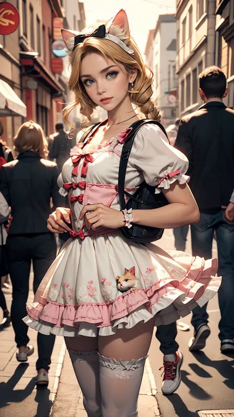 Amazing details, 8K Photos, Hyperrealism, professional lights, Realistic Background, Visual depth, Background blur, Wide-angle lens, whole body, (13 years old, cute, change, Flat Chest, Cat ear), One girl, Colored eyes, Blonde, (Lolita fashion: 1.5), (race...