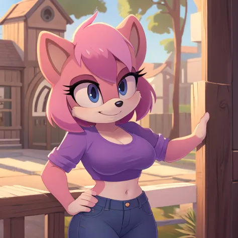 mom tenrec mobian, female mobian, purple shirt, highwasted jeans, mom jeans, royal pink hair, bob cut hair, royal pink fur, (mom...