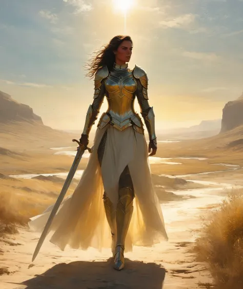 (best quality,4k,8k,highres,masterpiece:1.2),minimalist journey,anatomically correct,woman warrior,1sword,holding hilt,steel armor,flowing dark hair,confident expression,courageous posture,strong physique,elegant silhouette,dusty path,breathtaking landscap...