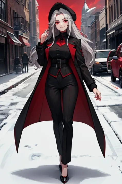 female, silver long hair with black highlights, red eyes, (((1girl))), (((red gothic coat))), (black shirt), (red pants), (black dress shoes), cute and sexy, full body, large breasts, large butt, long legs, smiling