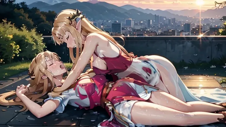 Masterpiece, stunning realistic, best quality, Sharpness, 2 girls, lying on top of each other, kissing on water, large breasts,, tongue kiss, closed eyes,full body (2girls, Zelda), short tight dress, sleeveless, outdoors, cityscape,road, heavy rain,storm, ...