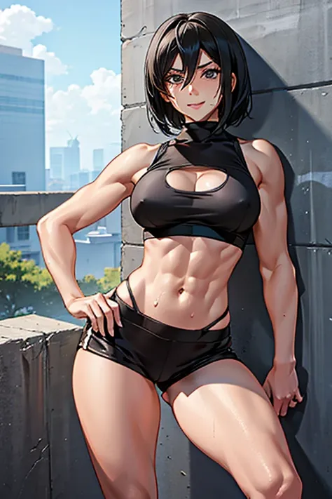 masterpiece, UHD, 4k, highres, ultra highres, hd, best quality, anime, anatomically accurate, detailed face, pretty face, 1girl, mikasa ackerman, mikasa, short hair, black hair, attack on titan, abs, navel, midriff, belly button, abdominal, stretching, ful...