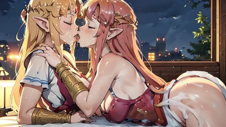 Masterpiece, stunning realistic, movie sex scene, best quality, Sharpness, 2 girls, princess zelda, lying on top of each other, kissing in bed, large breasts,, tongue kiss, closed eyes,full body (2girls, Zelda), short tight dress, sleeveless, cityscape, he...