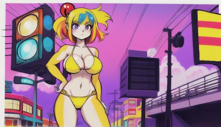 drawing of a woman in a yellow bikini next to a traffic light, some red and purple and yellow, some red and yellow, inspired by Tadanori Yokoo, digital art. colorful comic, [ digital art ]!!, [ conceptual art ]!!, colored sketch anime manga panel, biomecha...