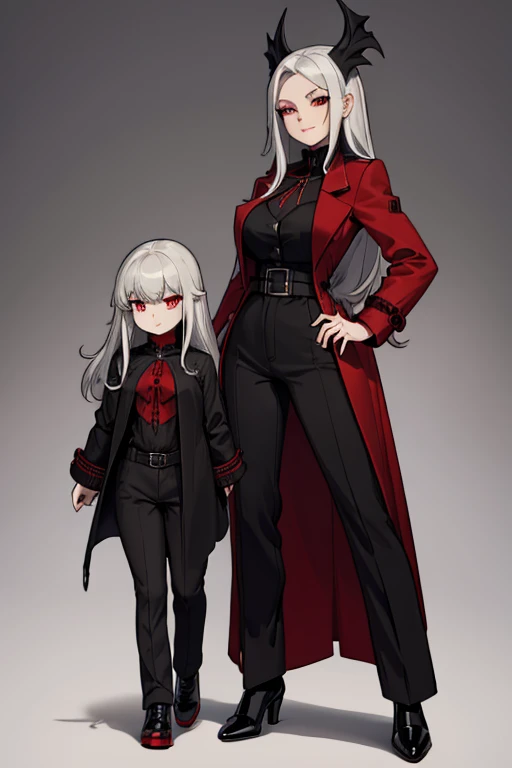 female, silver long hair with black highlights, red eyes, (((1girl))), (((red gothic coat))), (black shirt), (red pants), (black dress shoes), cute and sexy, full body, large breasts, large butt, long legs, smiling