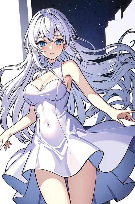 ,anime girl in a white dress with long hair and blue eyes, render of april, in dress, white dress!! of silver hair, cute anime waifu in a nice dress, anime vtuber full body model, white haired deity, smooth anime cg art, anime moe artstyle, seductive a