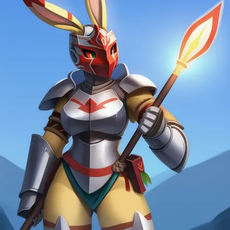 solo, female, rabbit, yellow colored fur, anthropomorphic rabbit, steel armor with symbols and markings, wooden mask with green and red markings, holding spear, tribal, legendary guardian 