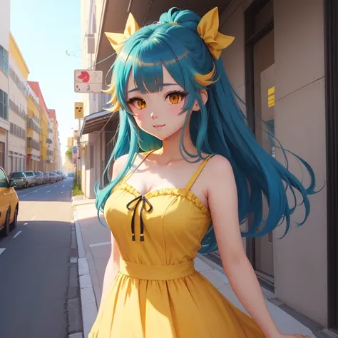 Chica anime con vestido amarillo y cabeza de conejo colores varios., artgerm y atey ghailan, estilo animado. 8k, estilo animado 4 k, lindo anime waifu con un bonito vestido, hecho con estudio de pintor anime, arte cg anime suave, high quality anime art sty...