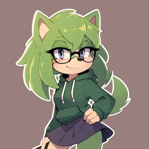 female mobian, hedgehog (green color), messy hairstyle, big nerdy glasses, purple hoodie, grey skirt,