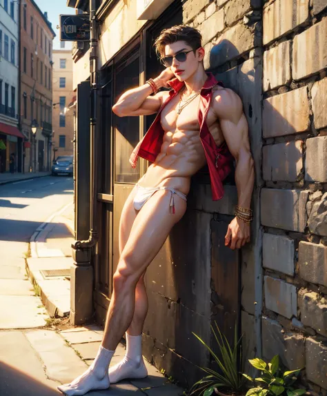 HD quality, high definition,male 18 years old handsome, muscular and slim, red lips, leaning against a wall on street, naked and wearing thong, model with bracelets, earrings and Necklace, wearing head band and sunglasses, open vest, full sexy body, wearin...