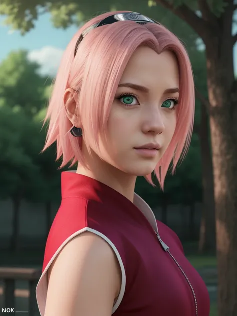 (best quality), high quality, very high resolution, (ultra detailed), 8k, (hyper realistic),Ray Tracing, One girl, haruno sakura in anime naruto, short hair, Pink Hair, Green Eyes, beautiful, Red clothes, Realistic clothes, Clothing Details, Outdoor Backgr...