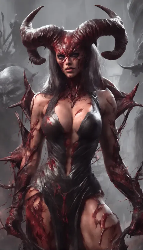 (Carnage:1.5),(beautiful female model:1.5), (demoness with big horns:1.25),(1 Super Muscular Skinned Succubus:1.5), (covered in a thick muscle suit:1.5), (perfect anatomy exposed:1.5),  High detail, Best quality, masterpiece, finely detail, Realistic skin ...