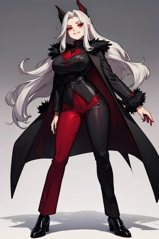 female, silver long hair with black highlights, red eyes, (((1girl))), (((red gothic coat))), (black shirt), (red pants), (black dress shoes), cute and sexy, full body, large breasts, large butt, long legs, smiling