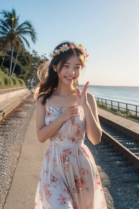 In this visually descriptive prompt、、、、、, The girl walks along a path parallel to the railroad tracks....., She greeted the day cheerfully with her right hand raised...... the morning light illuminates her face, Let your smile stand out against the backdro...