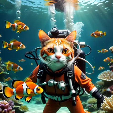 (一只穿着diving服和护目镜的猫与鱼一起游泳)，underwater scene，(diving)，1 cat，(穿着diving服)，(carrying an oxygen cylinder on his back)，1 fish，clownfish...