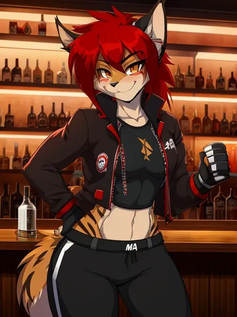 Anthropomorphic furry lynx girl, poisen, Red hair, wearing a jacket with a smoke pattern on it, in black pants, hands in bandages, (((MMA fighter))), working in a bar as a bartender in anime style, 