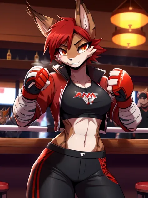 anthropomorphic furry lynx girl, poisen, red hair, wearing a jacket with a smoke pattern on it, in black pants, hands in bandage...