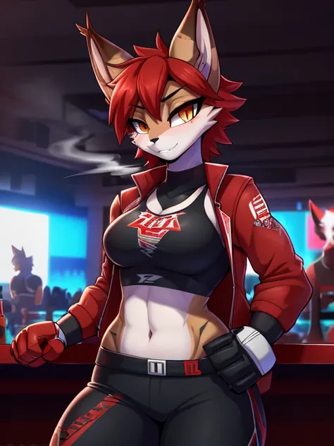 anthropomorphic furry lynx girl, poisen, red hair, wearing a jacket with a smoke pattern on it, in black pants, hands in bandage...