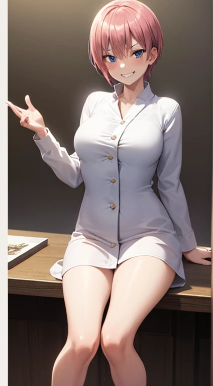 2d, masterpiece, best quality, anime, highly detailed, 1girl, solo, cowboy shot, nakano ichika, pink hair, short hair, grin smile:1.3, white bathrobe:1.3, medium breasts, sitting on table, full body:1.2, show feet:1.2, from_below foreshortening