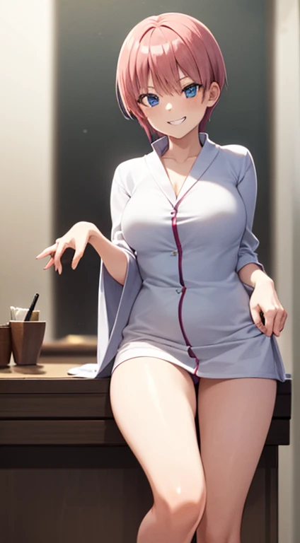 2d, masterpiece, best quality, anime, highly detailed, 1girl, solo, cowboy shot, nakano ichika, pink hair, short hair, grin smile:1.3, white bathrobe:1.3, medium breasts, sitting on table, full body:1.2, show feet:1.2, from_below foreshortening