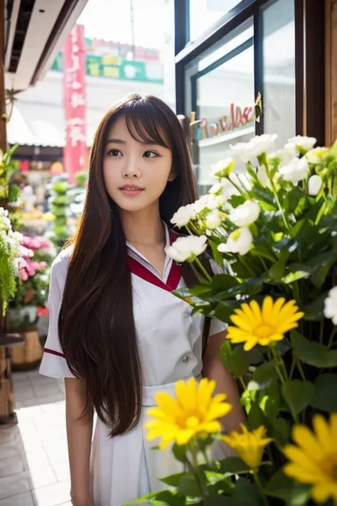 8k, Highest quality, Special details, Chinese-Indonesian girl, Looking directly at the long, flowing hair, the light shining on the face, the focus is clear. The employee is collecting merchandise., stylish uniforms, Help customers, Chic shop decoration, b...