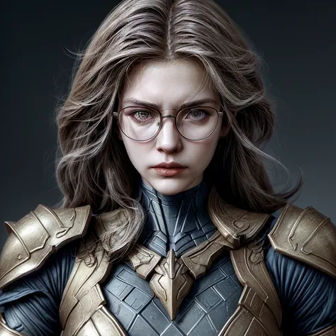 A mediaval woman, with a perfect sculptural realistic,with mediaval armor, and glasses, ultra realistic, HD,  