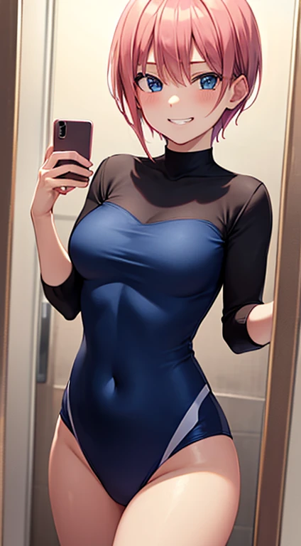 2d, masterpiece, best quality, anime, highly detailed, 1girl, solo, cowboy shot, nakano ichika, pink hair, short hair, grin smile:1.3, blue swimsuit:1.3, medium breasts, standing, selfie, bathroom, mirror, 