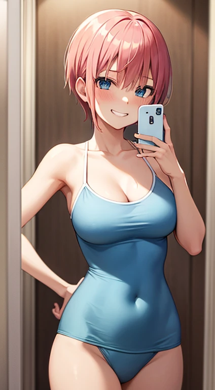 2d, masterpiece, best quality, anime, highly detailed, 1girl, solo, cowboy shot, nakano ichika, pink hair, short hair, grin smile:1.3, blue swimsuit:1.3, medium breasts, standing, selfie, bathroom, mirror, 