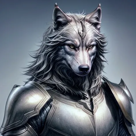 A male wolf, with a perfect sculptural realistic,with mediaval armor, and potrait, ultra realistic, HD,  