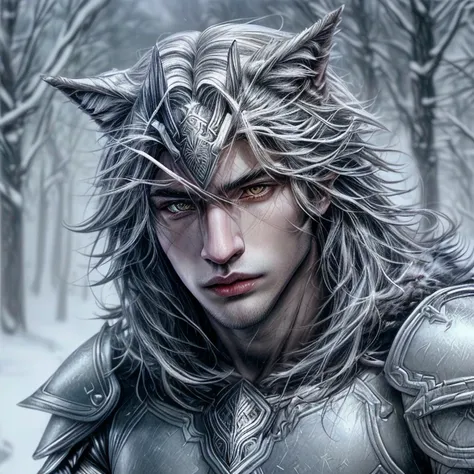 A male wolf in winter season, with a perfect sculptural realistic,with mediaval armor, and potrait, ultra realistic, HD,  