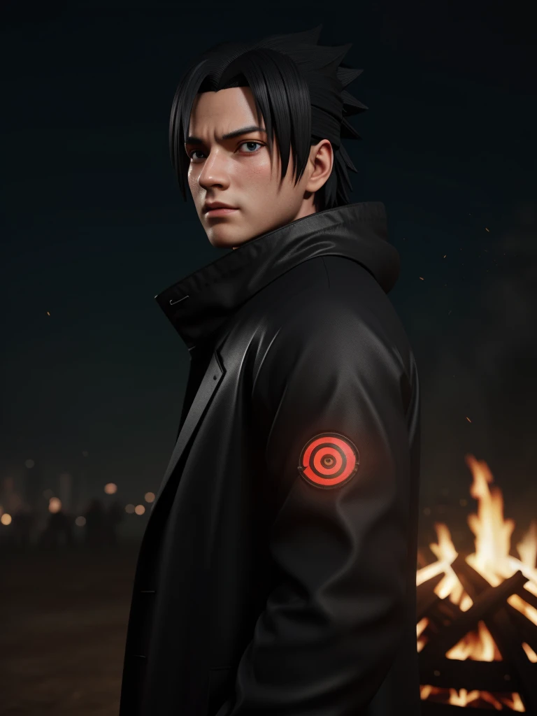 (best quality), high quality, very high resolution, (ultra detailed), 8k, (hyper realistic),Ray Tracing, 1 male, sasuke uchiha, Wearing a black coat, The Uchiha mark on the coat, Glowing red detailed eyes, Bonfire Night, highest quality, 3D Figures, Octane...