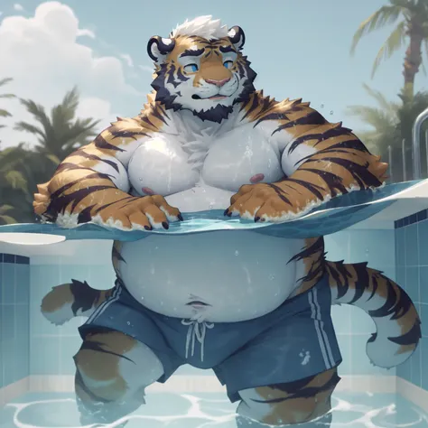 New Jersey 5 Furry,Tiger，portrait，Exquisite， Chubby，Fat，Thick arms，Rugged muscles，Topless，plush fur，Chubby脸，Black eyebrows，Sky blue eyes，Beard，shorts，Swimming pool，water，仰躺在water面上，Relax，Cozy，Close your eyes