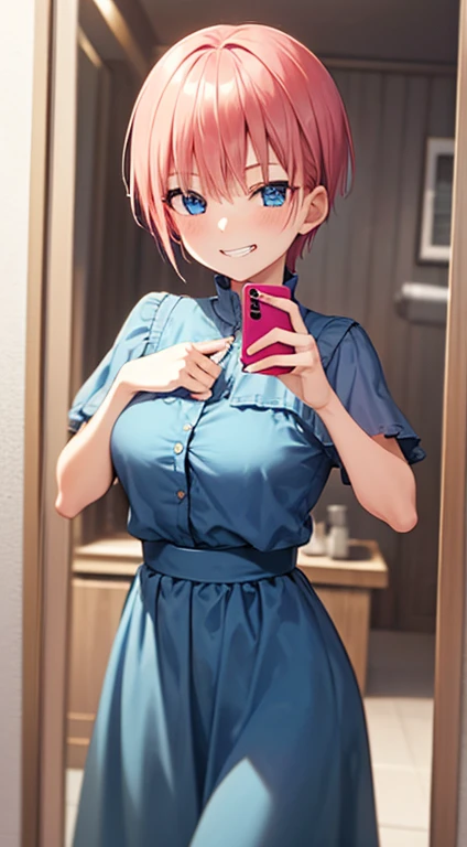 2d, masterpiece, best quality, anime, highly detailed, 1girl, solo, cowboy shot, nakano ichika, pink hair, short hair, grin smile:1.3, blue dress:1.3, medium breasts, standing, selfie, bathroom, mirror, 