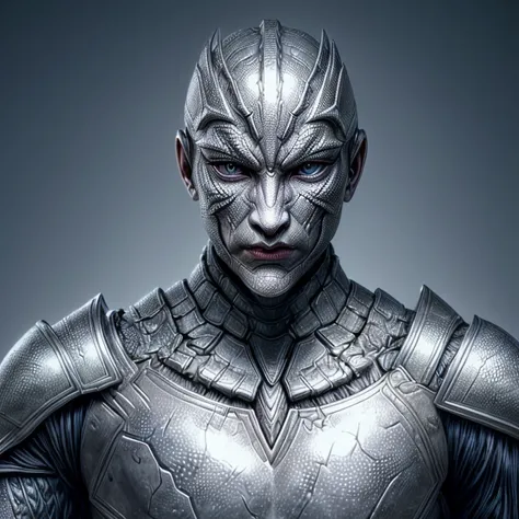 A lizard in random season, with a perfect sculptural realistic,with silver mediaval armor, and potrait, ultra realistic, HD,  