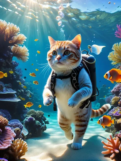 (一只穿着diving服和护目镜的british shorthair cat与鱼一起游泳)，Underwater scene，(diving)，1british shorthair cat，(穿着diving服)，(Carrying an oxygen cylinder on his back)，1 fish，Clownfish，bubble，Seaweed，Coral Reefs，Sunlight is filtered through the water，Tranquil atmosphere，calm...