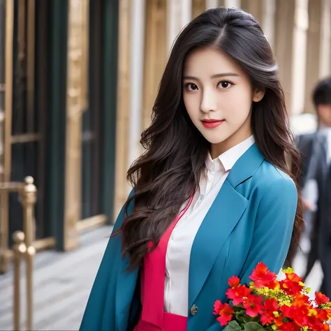 8k, Highest quality, Special details, , Beautiful Asian woman, 25 years old, straight face.,) Look straight at the camera, intently, intently ,)Long hair floats up,)) The light illuminates the face and focuses clearly. ,Stylish uniforms, blue suits, red pe...