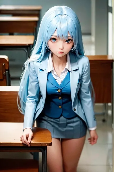 Light blue hair　long hair　Cool vibe　Girl　Light blue blazer　classroom　high school girl