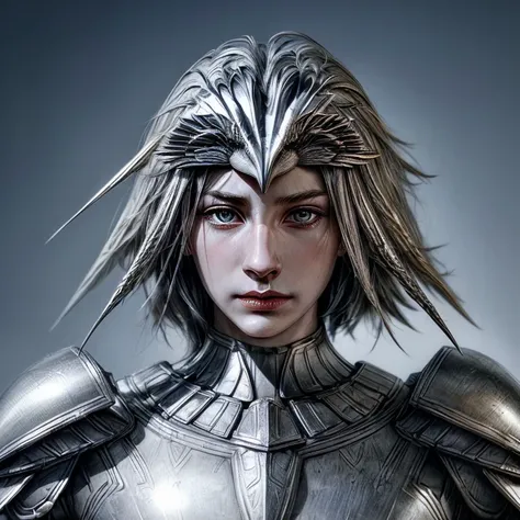 An eagle head, with a perfect sculptural realistic,with silver mediaval armor, and potrait, ultra realistic, HD,  