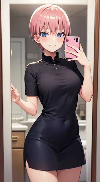 2d, masterpiece, best quality, anime, highly detailed, 1girl, solo, cowboy shot, nakano ichika, pink hair, short hair, seduce smile:1.3, blue short:1.3, white tshit:1.3, medium breasts, standing, selfie, bathroom, mirror, 