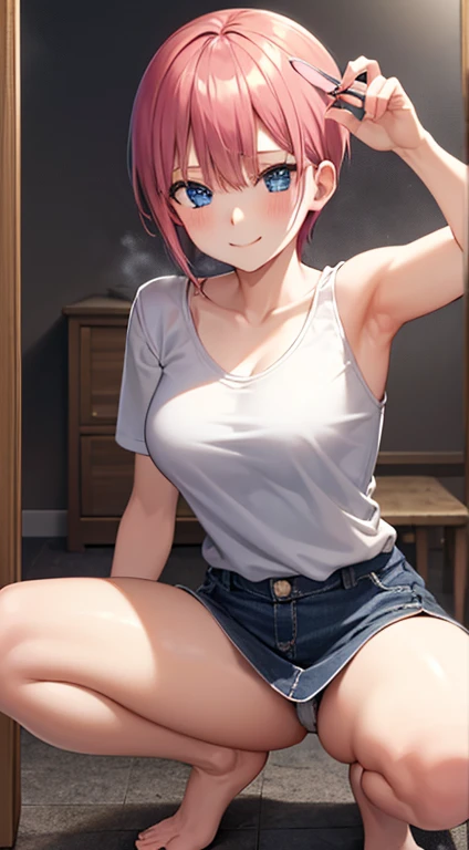 2d, masterpiece, best quality, anime, highly detailed, 1girl, solo, cowboy shot, nakano ichika, pink hair, short hair, seduce smile:1.3, blue short:1.3, white tank:1.3, medium breasts, squatting, spread legs, selfie, bathroom, mirror, 