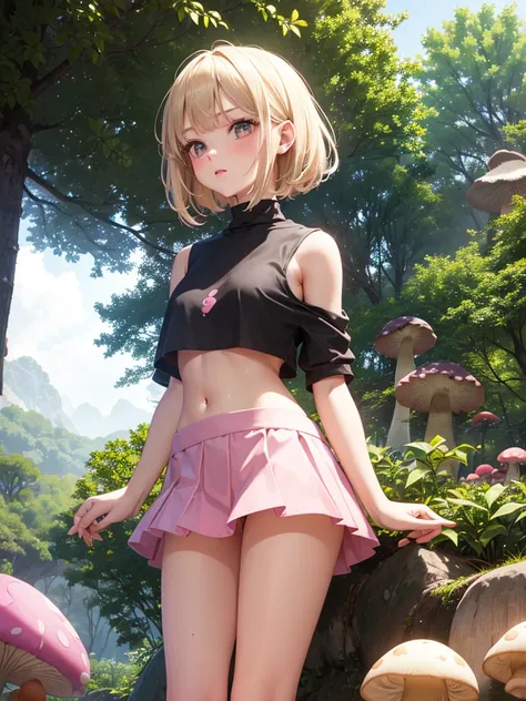 1girl, cute, , teen, slender, round face shape with angular jaw, blonde with bangs, grey eyes, shoulderless crop top, picking wet pink colorful mushrooms in a celestial forest, sunshine, stripe socks, pink skirt, hhorny touch, windy