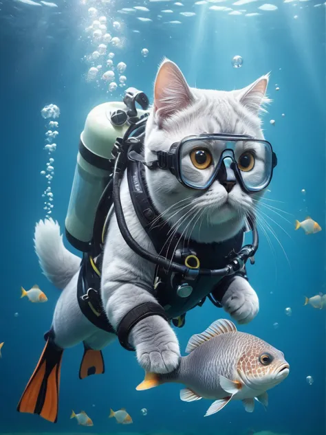 (一只穿着diving服和护目镜的british shorthair cat与鱼一起游泳)，underwater scene，(diving)，1british shorthair cat，(穿着diving服)，(carrying an oxygen c...