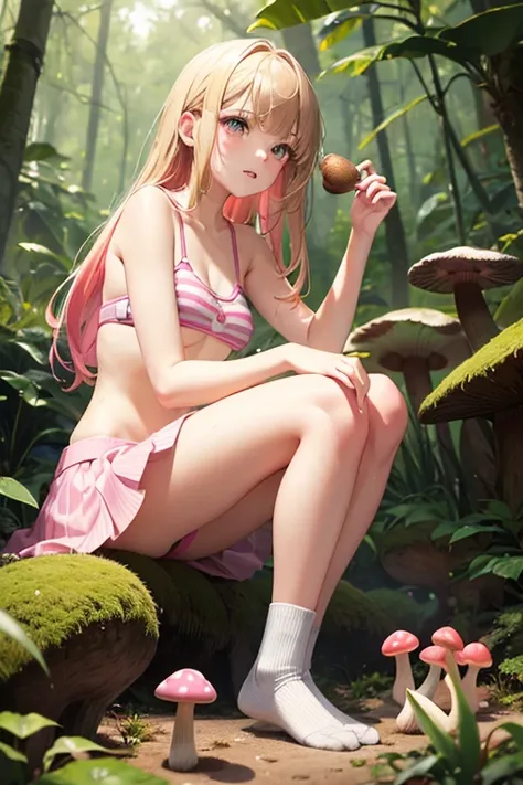 1girl, cute, teen, slender, round face shape with angular jaw, blonde with bangs, grey eyes, bikini top, picking wet pink colorful mushrooms in a celestial forest, sunshine, stripe socks, pink skirt, hhorny touch, windy